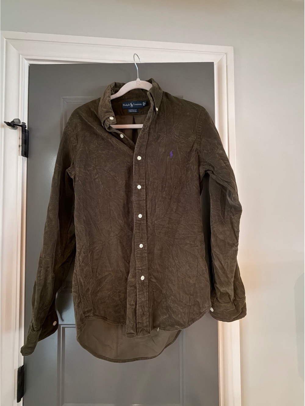 Ralph Lauren Olive Green Corduroy Button-Up Shirt with Purple Polo Logo
